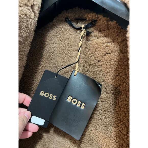 HUGO BOSS Mens Black Textured Leather Shearling Collar Aviator Jacket NWT - Picture 6 of 12